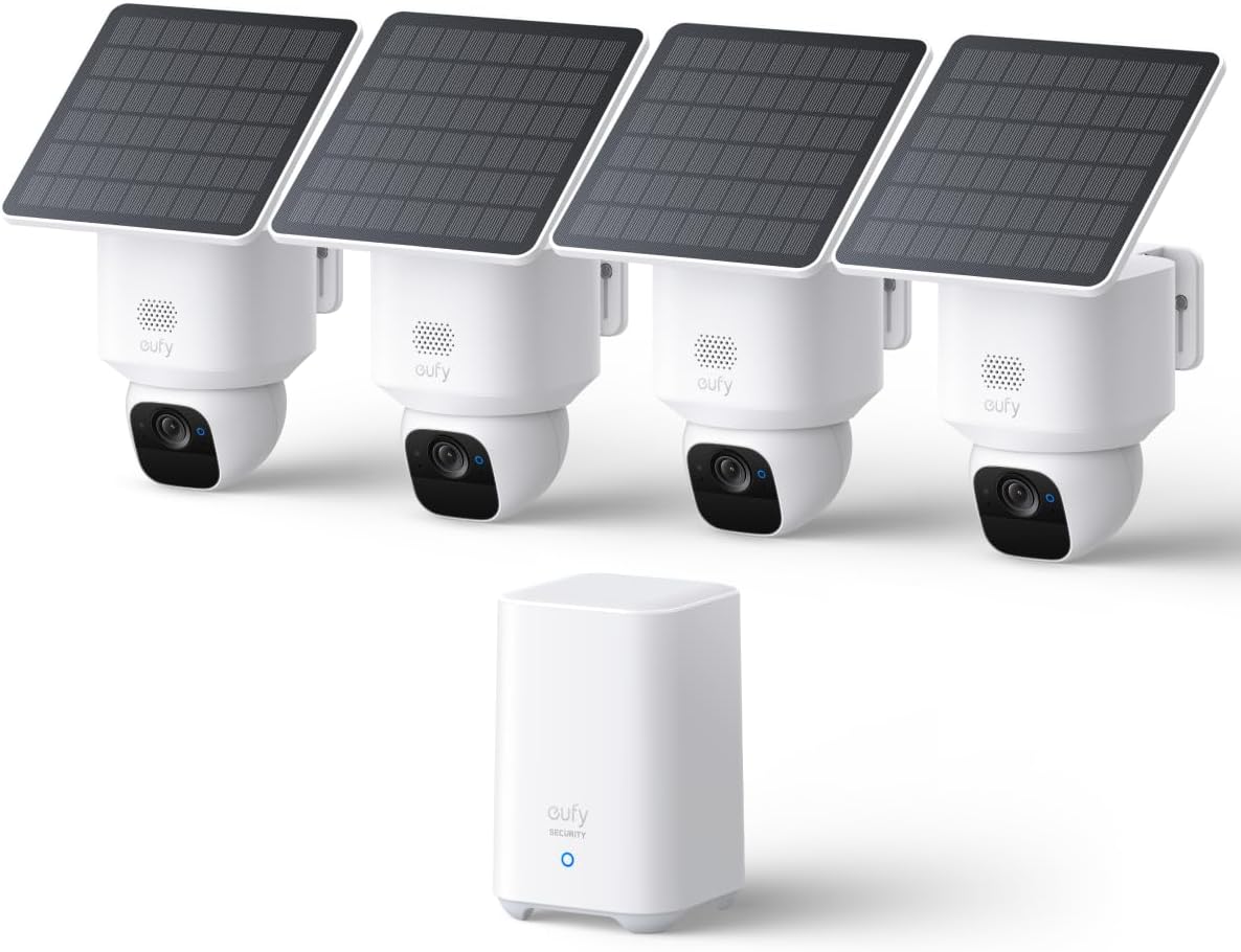 eufy Security SoloCam E30, 4-Cam Kit, Security Cameras Wireless Outdoor, Solar Camera Outdoor Wireless, 360° Pan, AI Tracking, 2K Clarity, No Monthly Fee